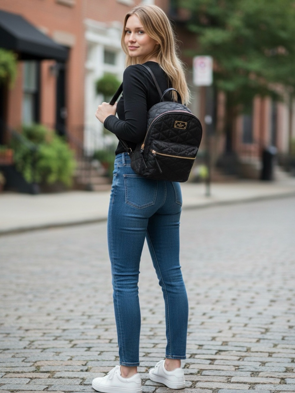 kate spade Quilted Black Mini Backpack with Gold Accents